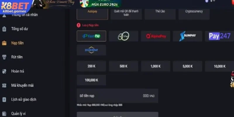 Nạp tiền K8BET qua thẻ cào được tối ưu nhanh gọn, an toàn cao
